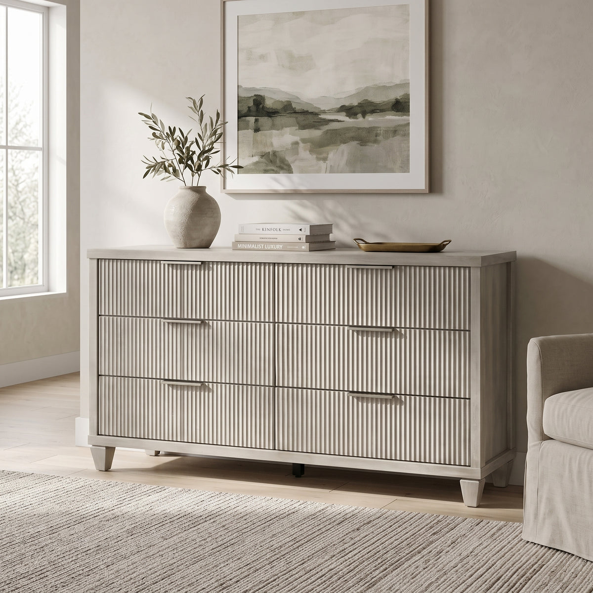 Galano 54.8" Wide Mid-Century Modern 6 Drawer Dresser with Fluted Fronts and Solid Wood Feet