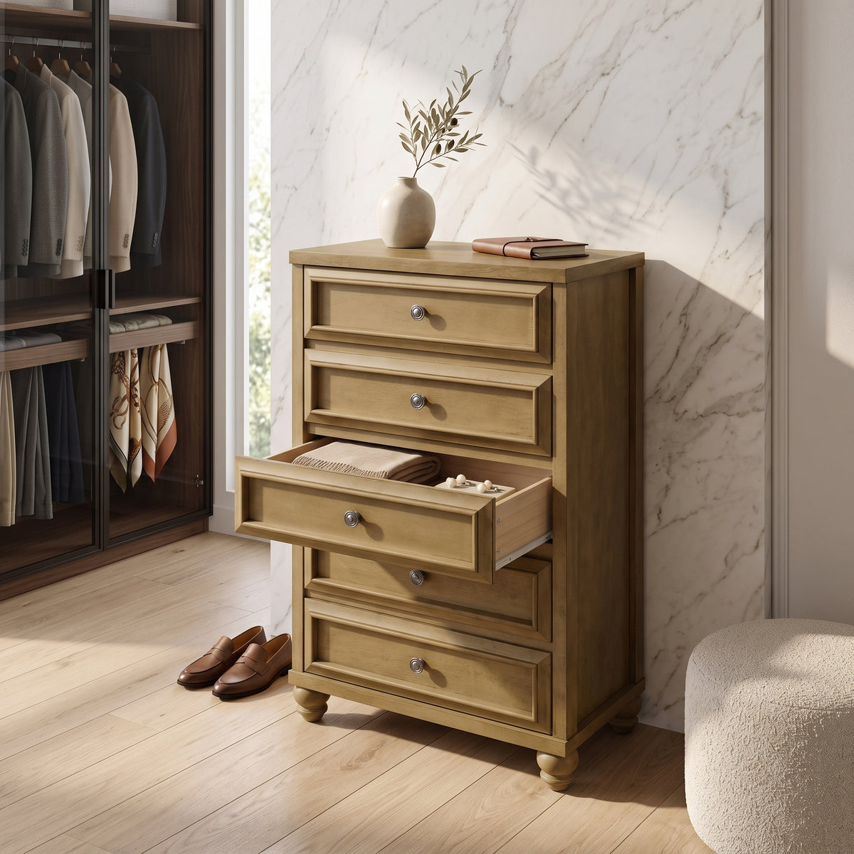Galano 28.7" W Transitional 5 Drawer Chest with Solid Wood Feet and Interlocking Drawers