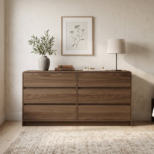 Galano 59" Wide Modern 6 Drawer Dresser with Interlocking Drawers and Rounded Edges - Brown