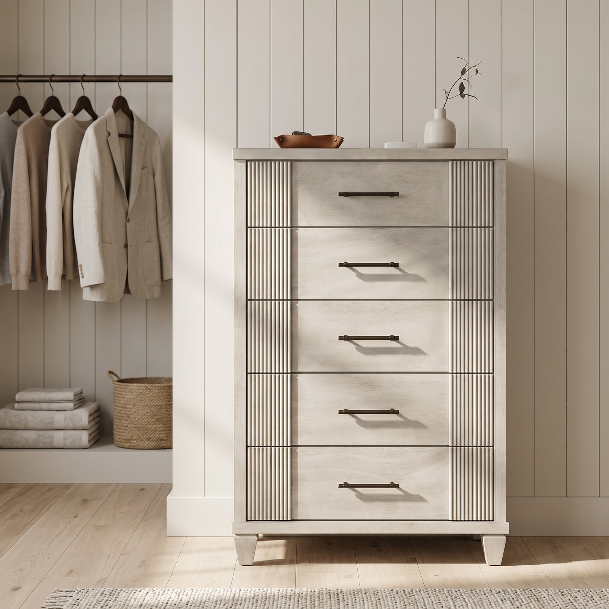 Galano 28.7" W Mid-Century Modern 5 Drawer Chest with Fluted Fronts and Solid Wood Legs
