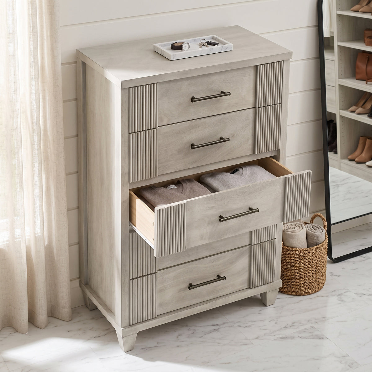 Galano 28.7" W Mid-Century Modern 5 Drawer Chest with Fluted Fronts and Solid Wood Legs