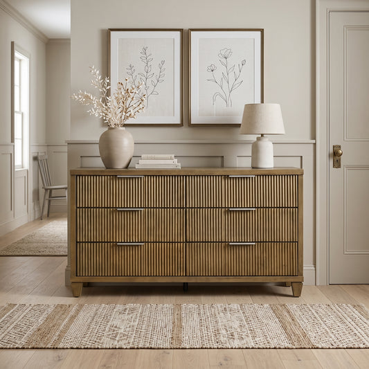 Galano 54.8" Wide Mid-Century Modern 6 Drawer Dresser with Fluted Fronts and Solid Wood Feet