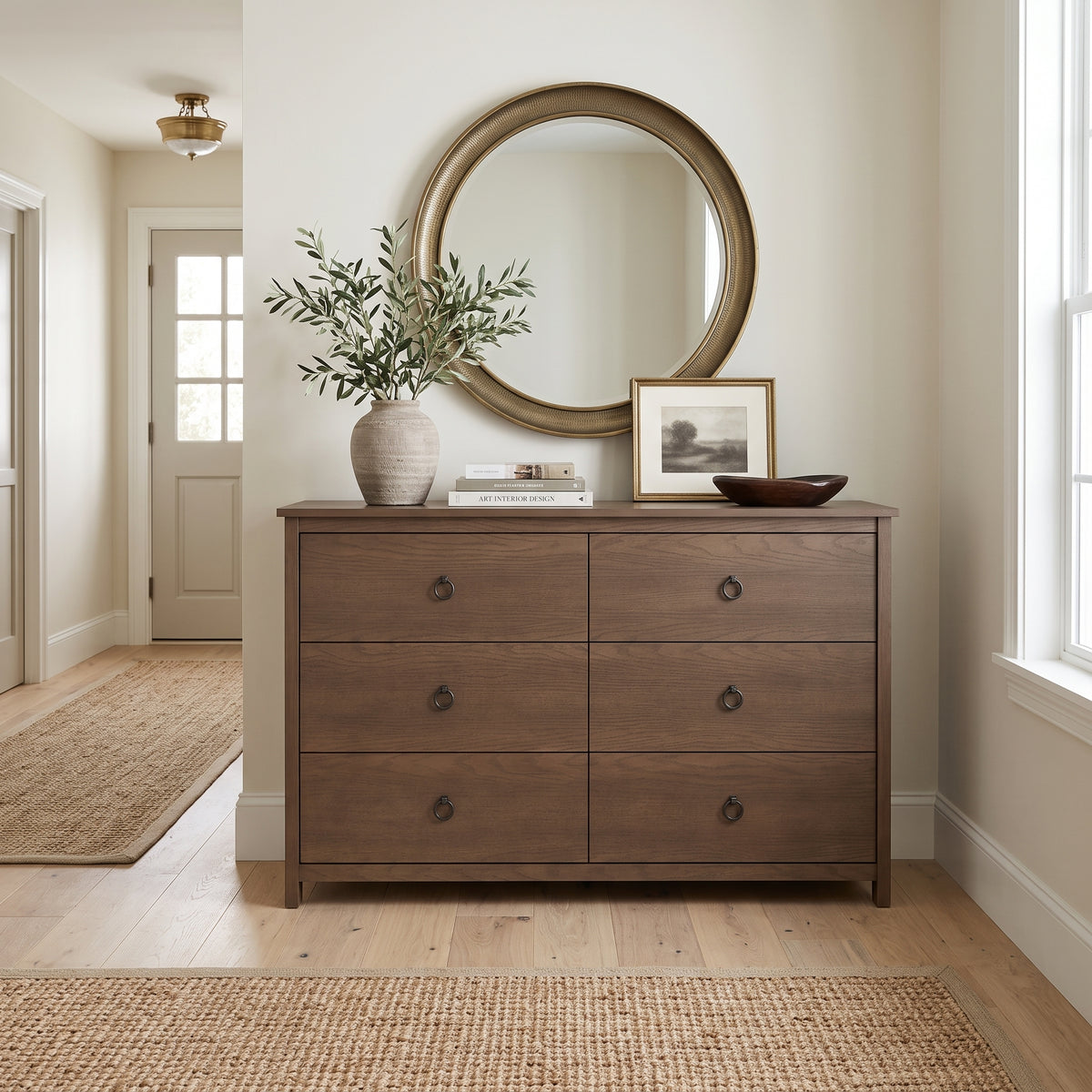 Galano Transitional 47" 6-Drawer Double Dresser with Rich Wood Veneer Finish and Metal Ring Pulls & Interlocking Drawers