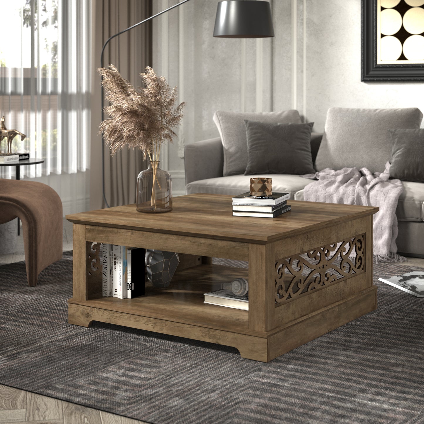 Galano Wood Coffee Table with Storage Shelf 34.8" W x 34.8" D x 16.1" H