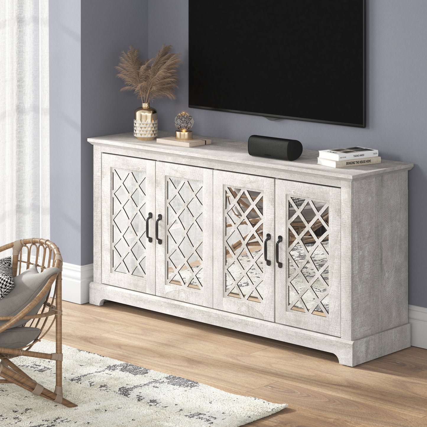 Galano Mirrored 4-Door TV Stand with Concealed Storage 59.6" W × 15.7" D × 29.3" H