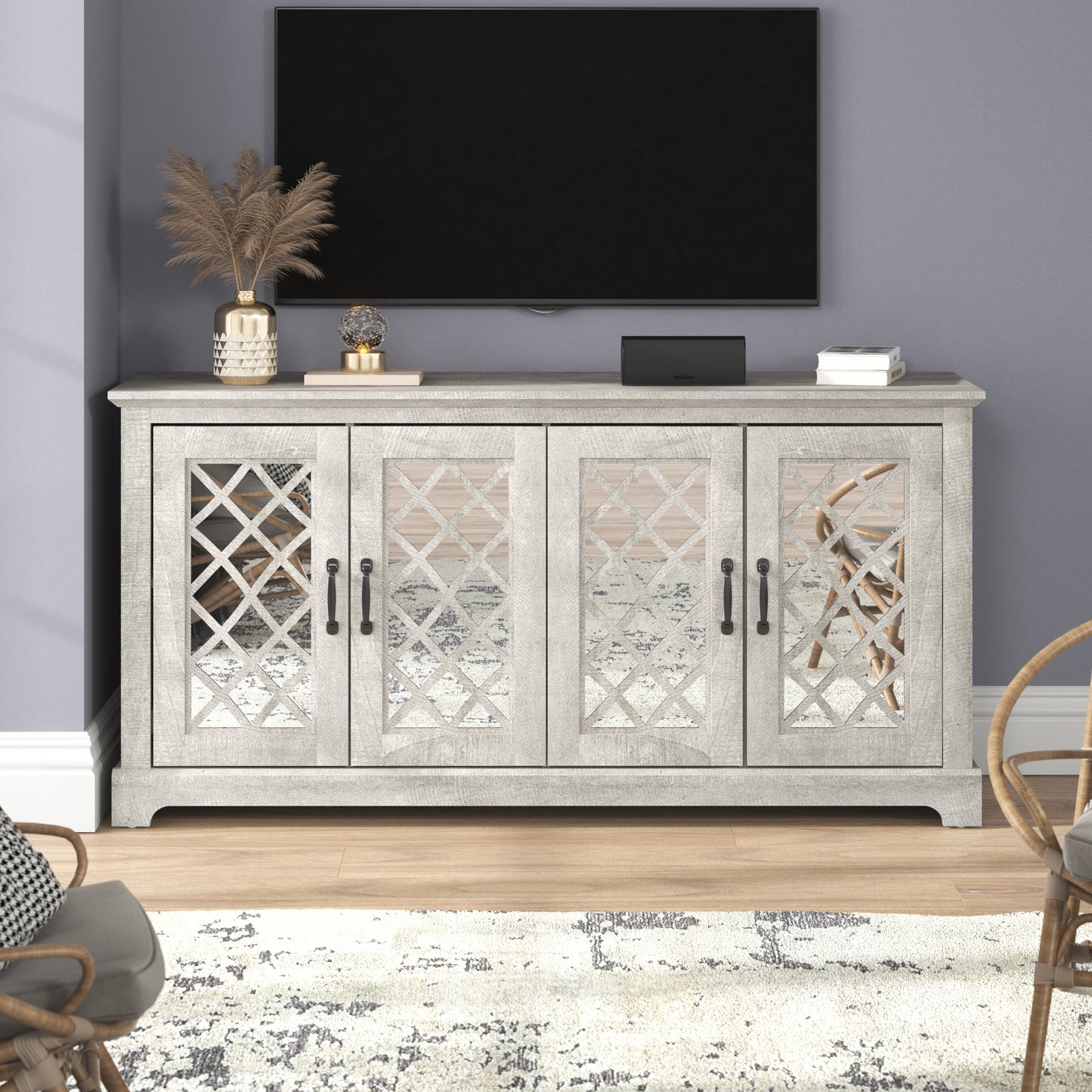 Galano Mirrored 4-Door TV Stand with Concealed Storage 59.6" W × 15.7" D × 29.3" H