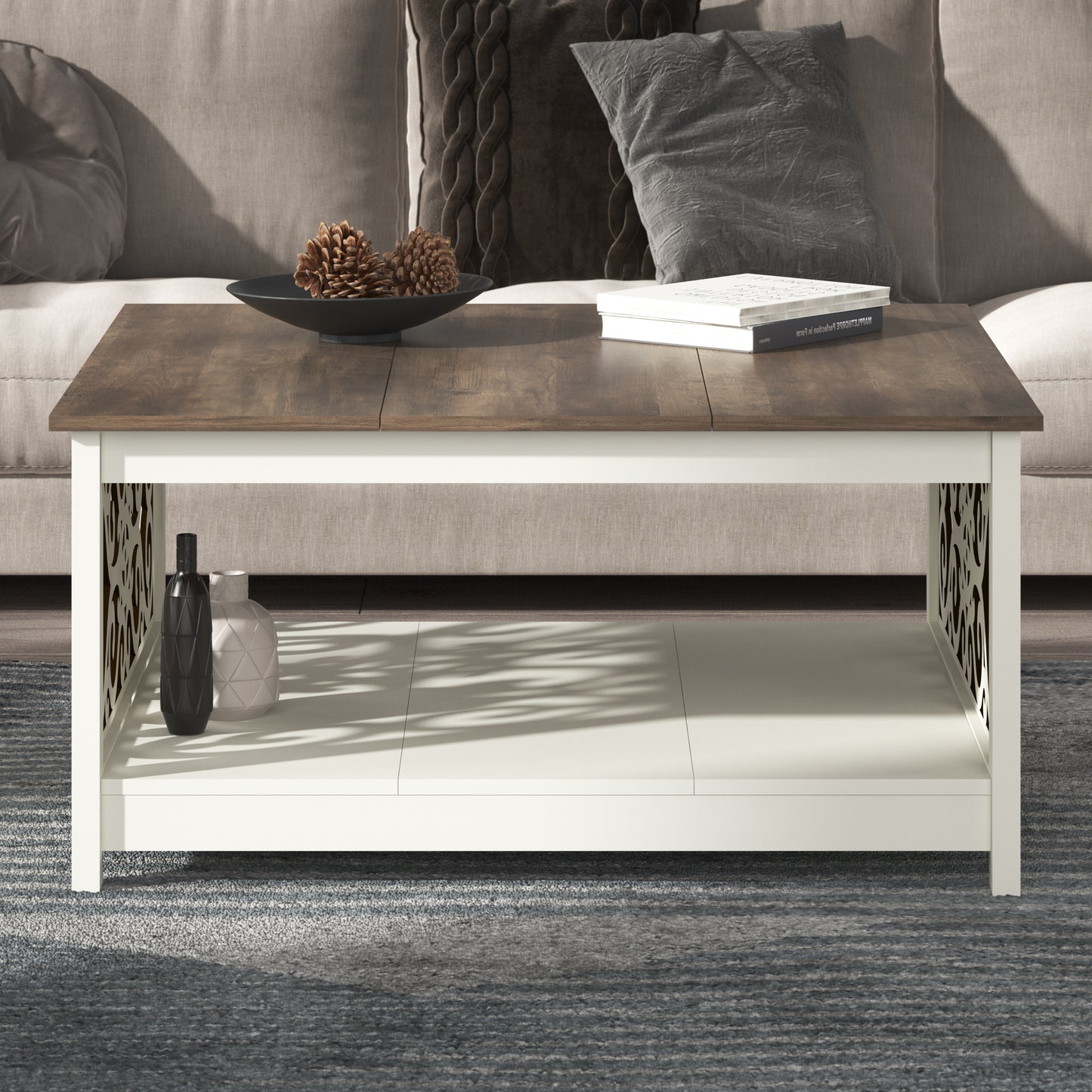 Galano Square Coffee Table with Decorative Cut-Out Panels and Lower Shelf 34.9" W x 34.9" D x 17.1" H