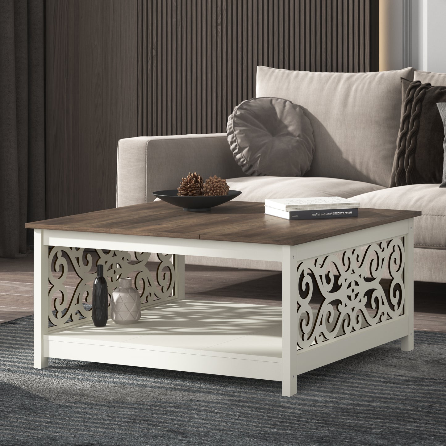 Galano Square Coffee Table with Decorative Cut-Out Panels and Lower Shelf 34.9" W x 34.9" D x 17.1" H