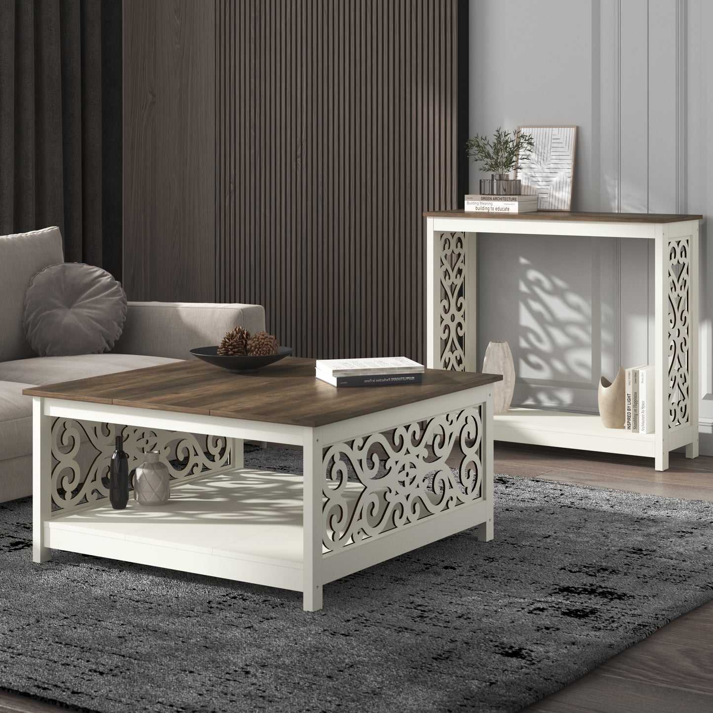 Galano Square Coffee Table with Decorative Cut-Out Panels and Lower Shelf 34.9" W x 34.9" D x 17.1" H