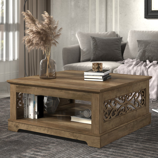 Galano Wood Coffee Table with Storage Shelf 34.8" W x 34.8" D x 16.1" H