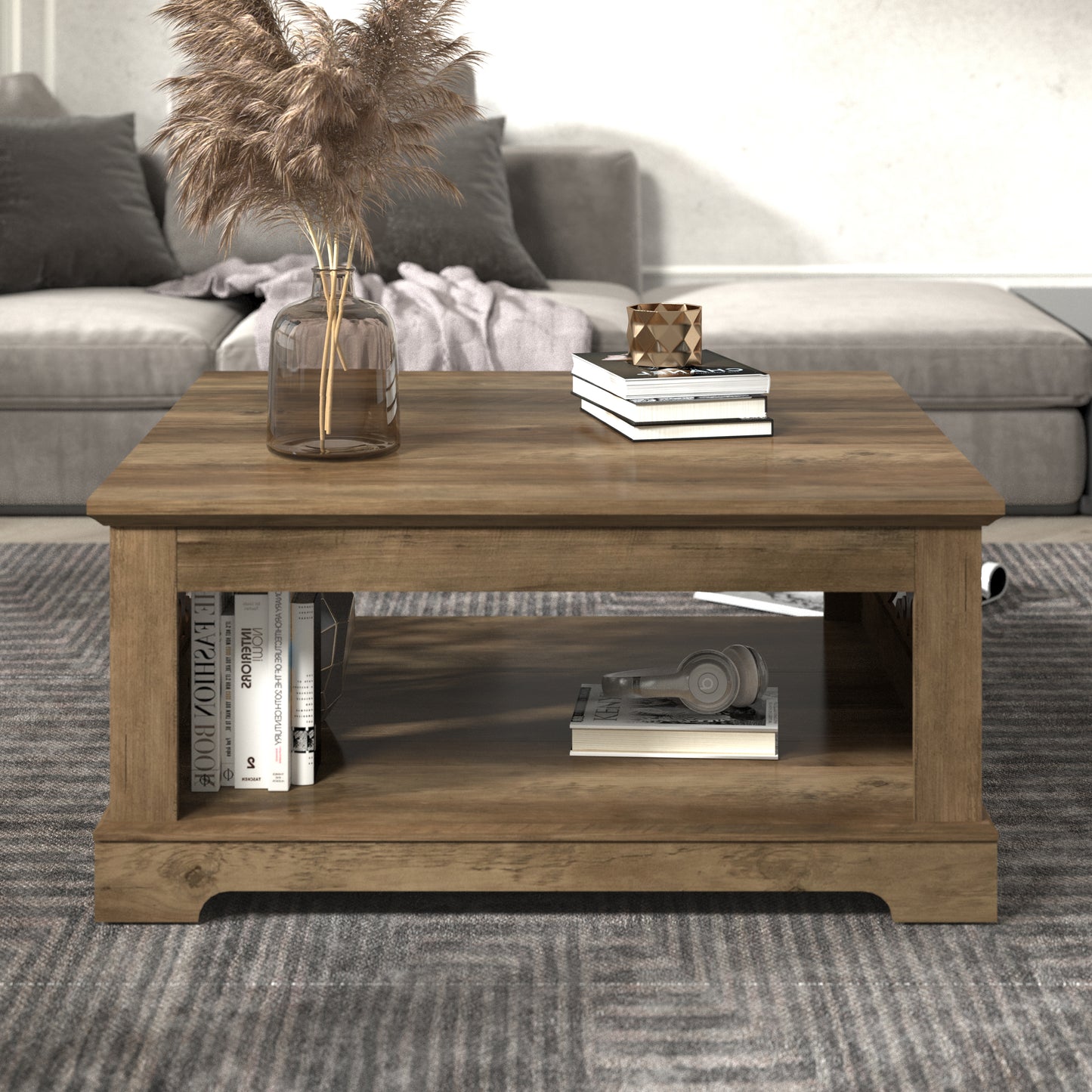 Galano Wood Coffee Table with Storage Shelf 34.8" W x 34.8" D x 16.1" H