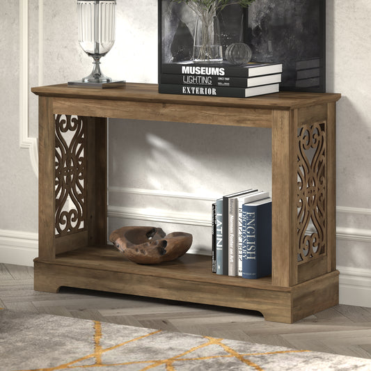 Galano Console Table with Laser-Cut Side Panels in Knotty Oak, 42.1" W x 14.8" D x 29.1" H