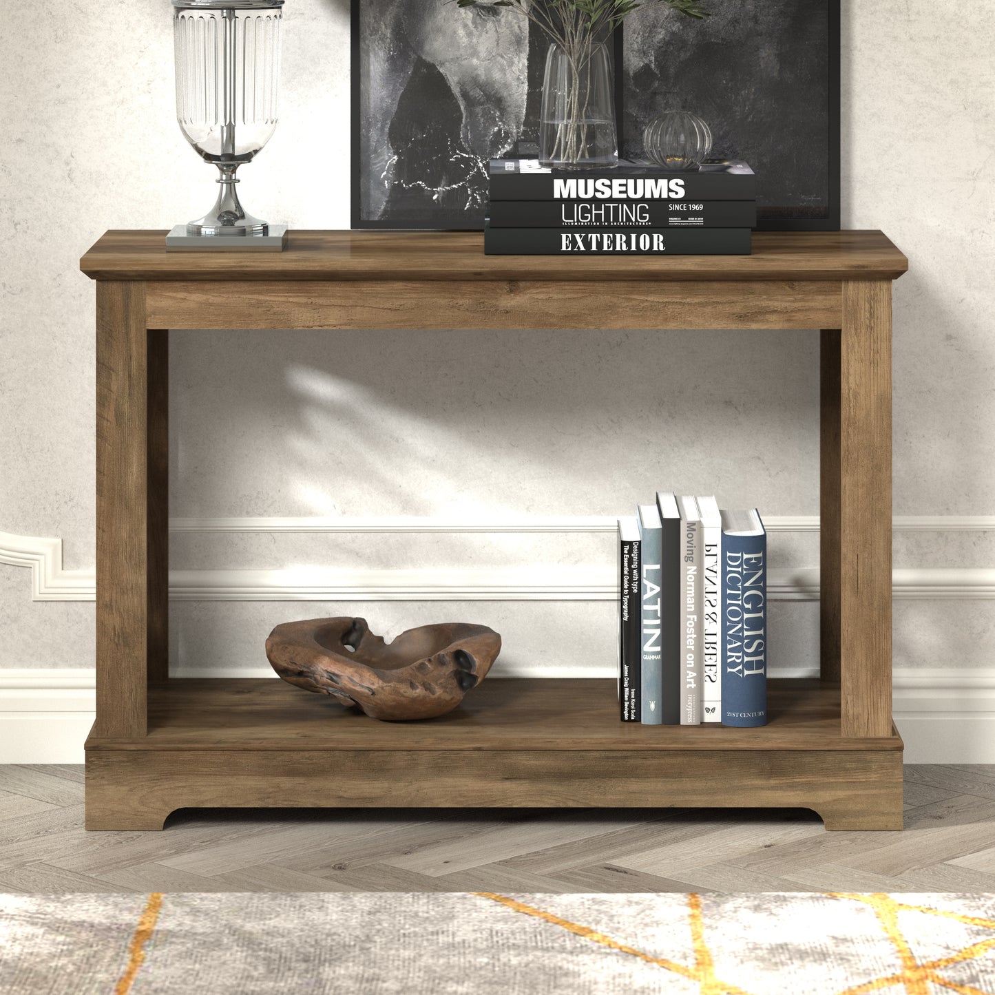 Galano Console Table with Laser-Cut Side Panels in Knotty Oak, 42.1" W x 14.8" D x 29.1" H