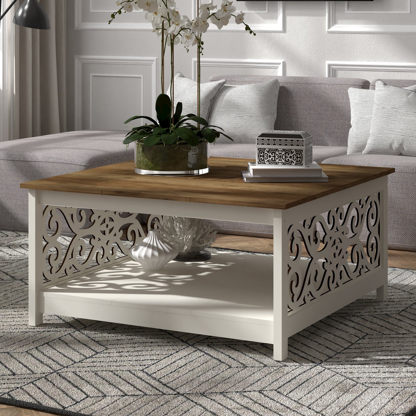 Galano Square Coffee Table with Decorative Cut-Out Panels and Lower Shelf 34.9" W x 34.9" D x 17.1" H
