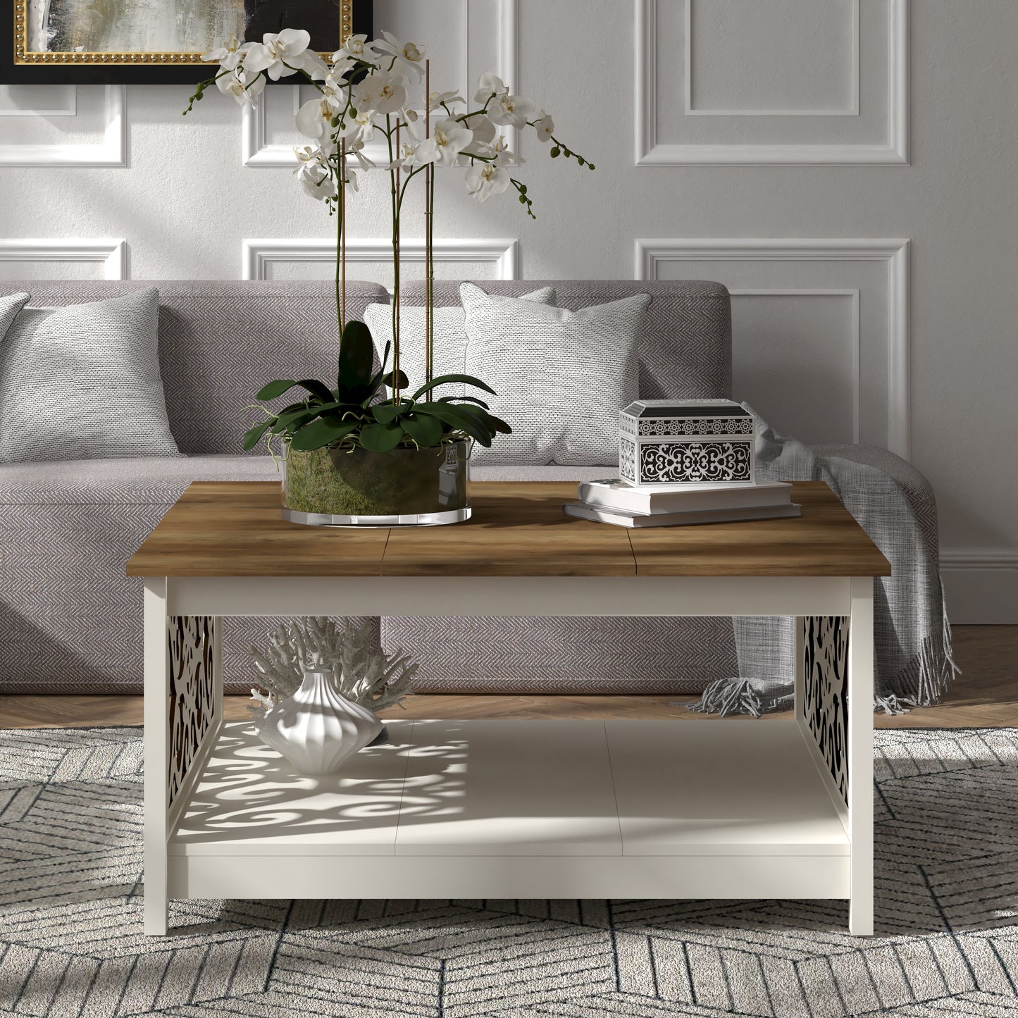 Galano Square Coffee Table with Decorative Cut-Out Panels and Lower Shelf 34.9" W x 34.9" D x 17.1" H