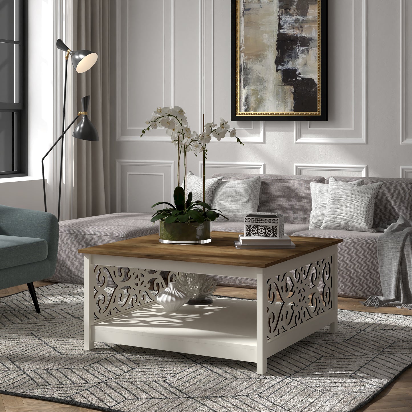 Galano Square Coffee Table with Decorative Cut-Out Panels and Lower Shelf 34.9" W x 34.9" D x 17.1" H