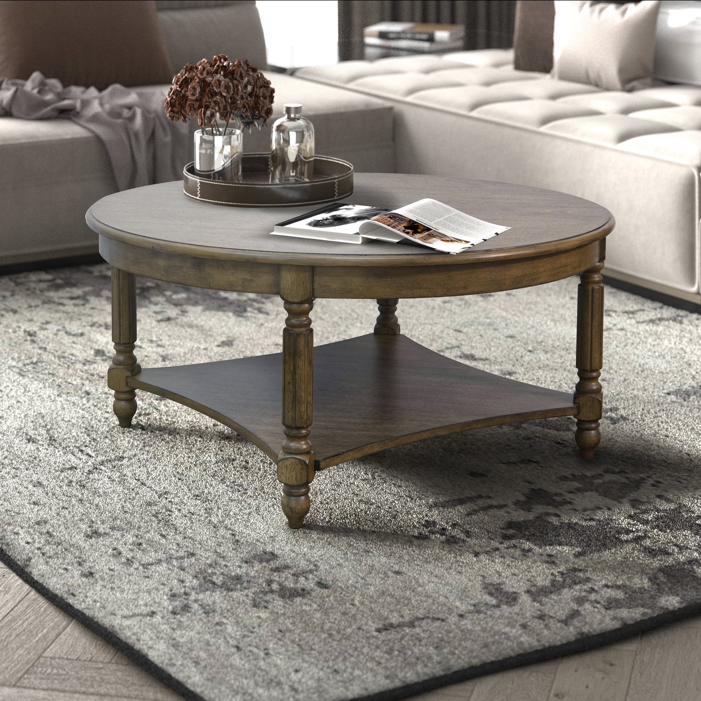 Galano Round Coffee Table with Solid Wood Legs 34.6" W x 34.6" D x 16.5" H