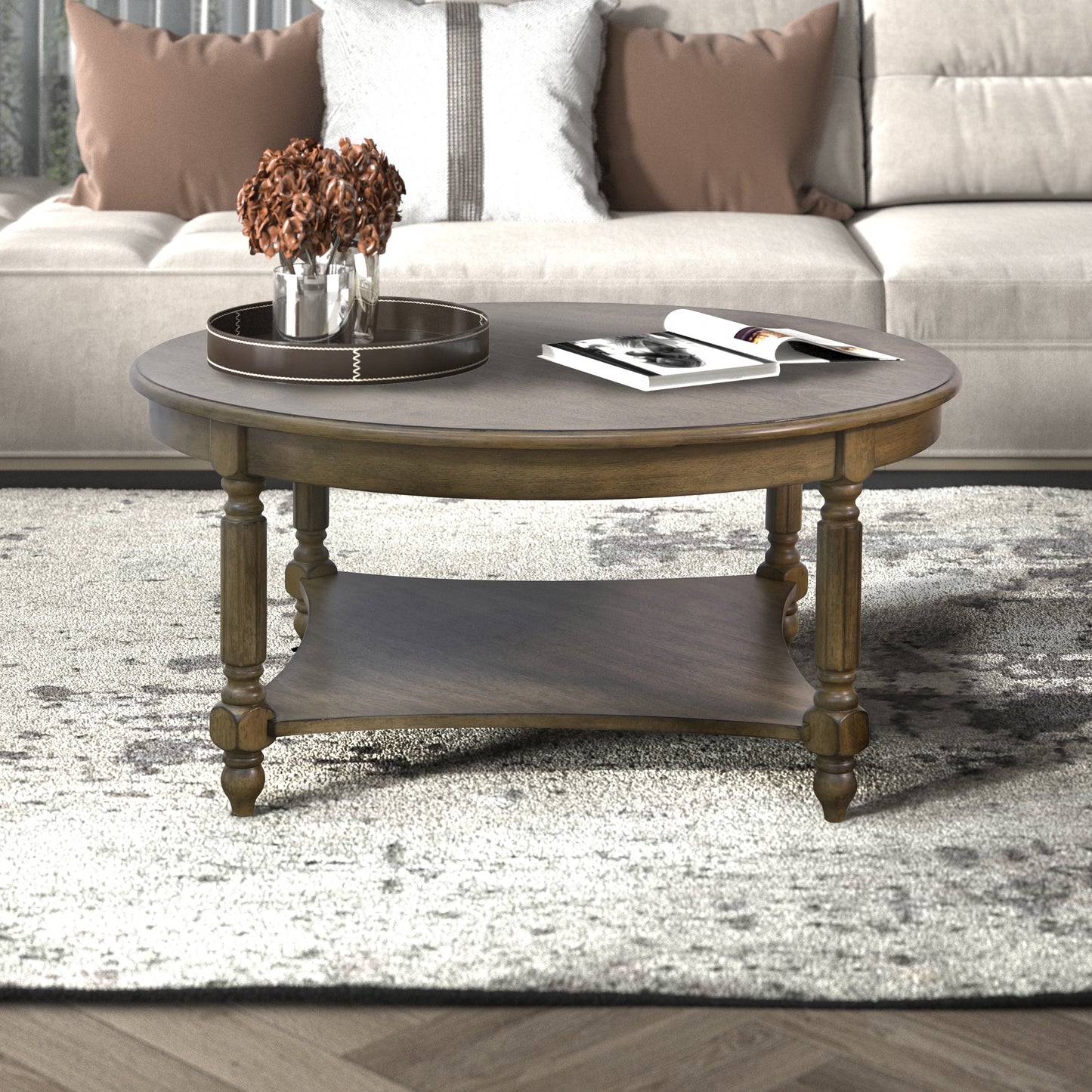 Galano Round Coffee Table with Solid Wood Legs 34.6" W x 34.6" D x 16.5" H