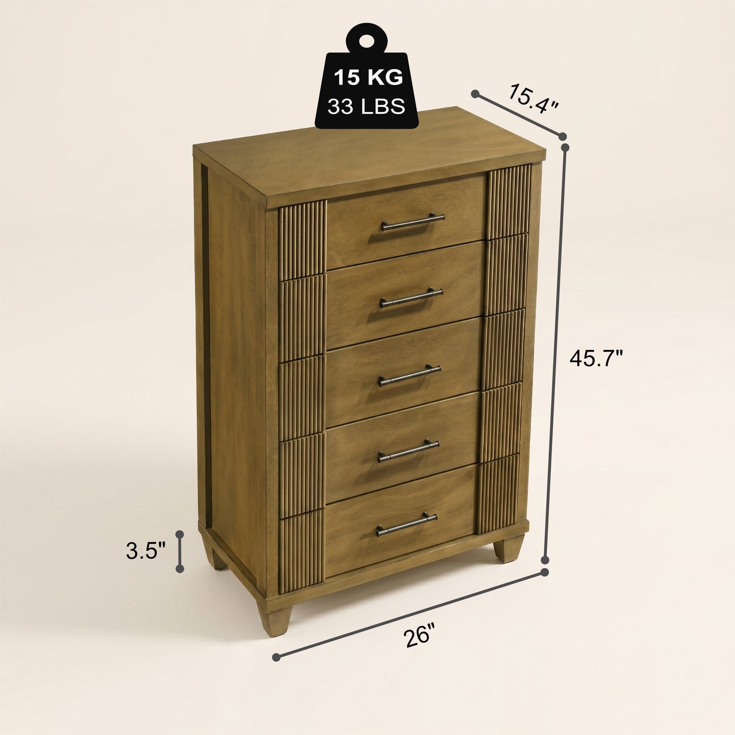 GALANO 5-Drawer Chest, 28.7" Wide Mid-Century Fluted Design, 1 Chest