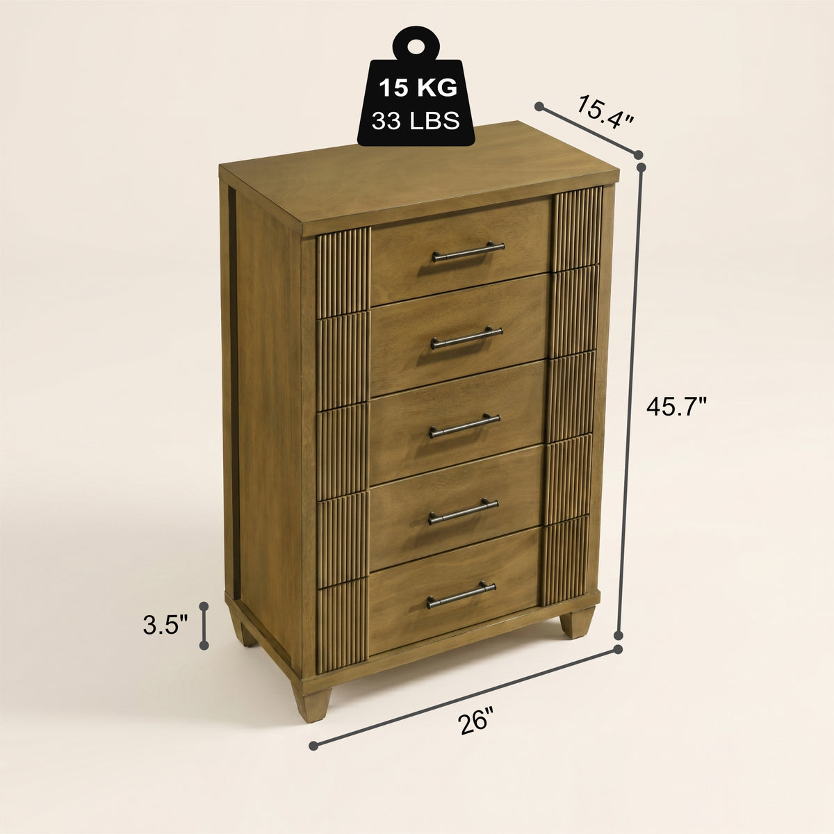 Galano 28.7" W Mid-Century Modern 5 Drawer Chest with Fluted Fronts and Solid Wood Legs