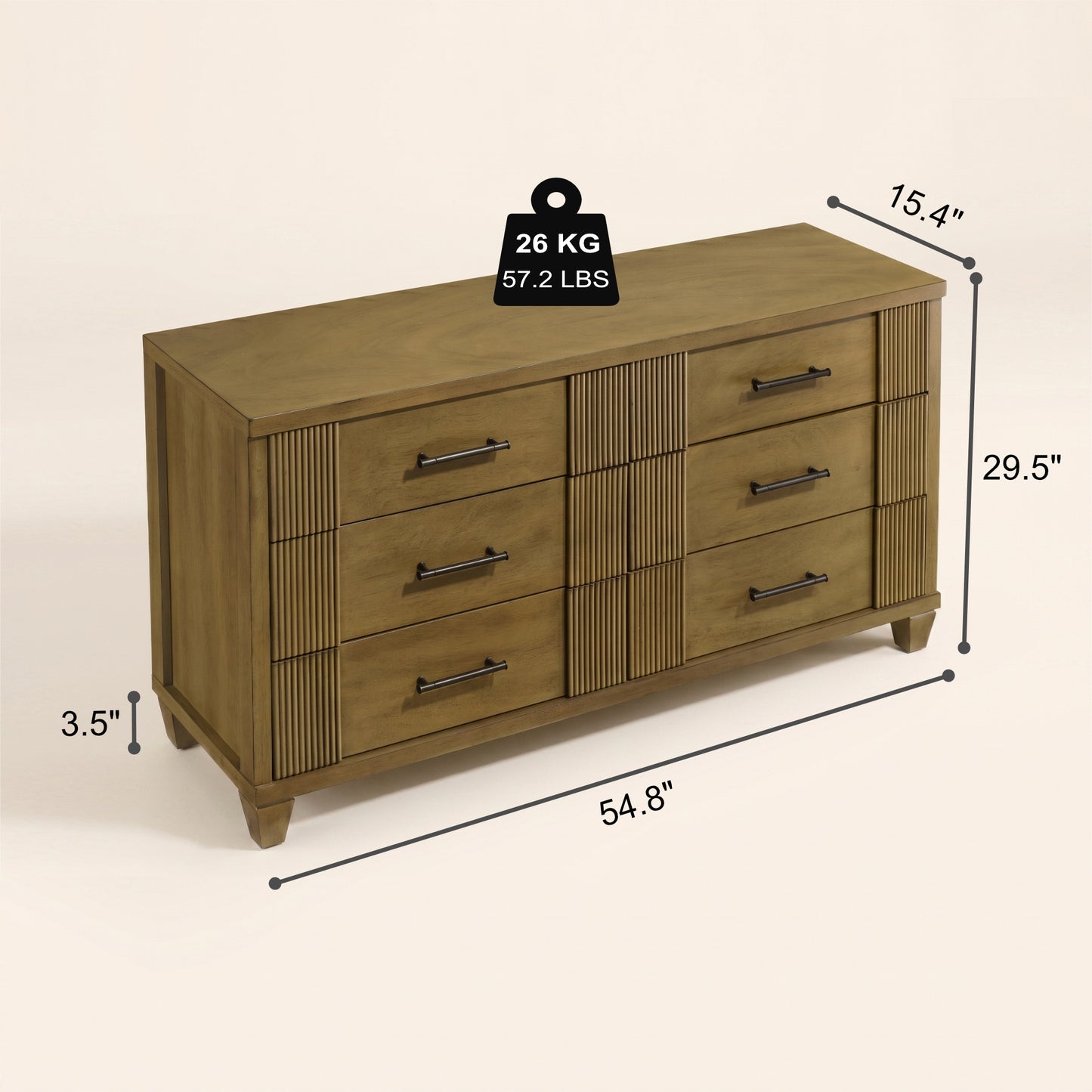 GALANO 6-Drawer Double Dresser, 54.8" Wide, Mid-Century Fluted Design, 1 Dresser