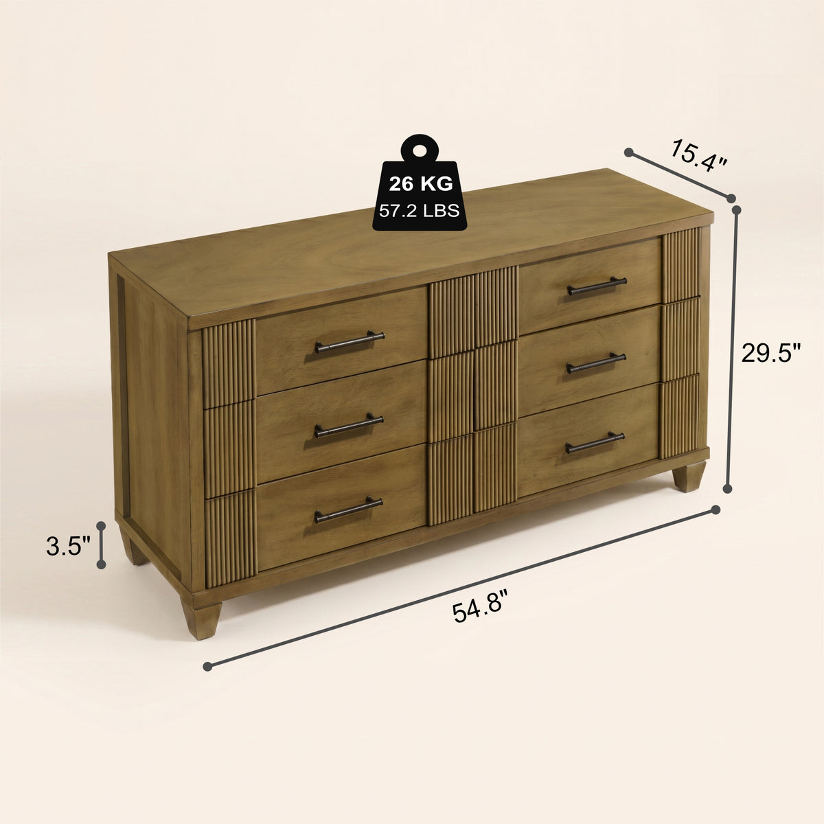 Galano 54.8" W Mid-Century Modern 6 Drawer Dresser with Fluted Fronts and Solid Wood Feet