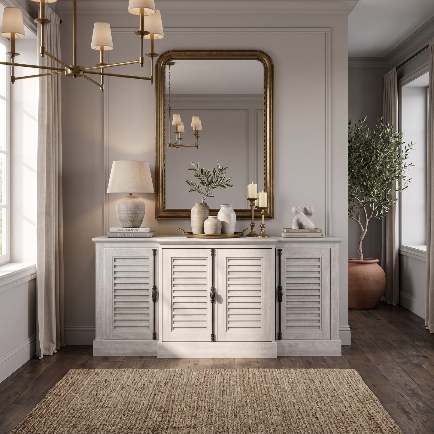 Galano 60" Farmhouse Sideboard Buffet Cabinet with Storage, 4 Louvered Doors & Adjustable Shelves - Gray