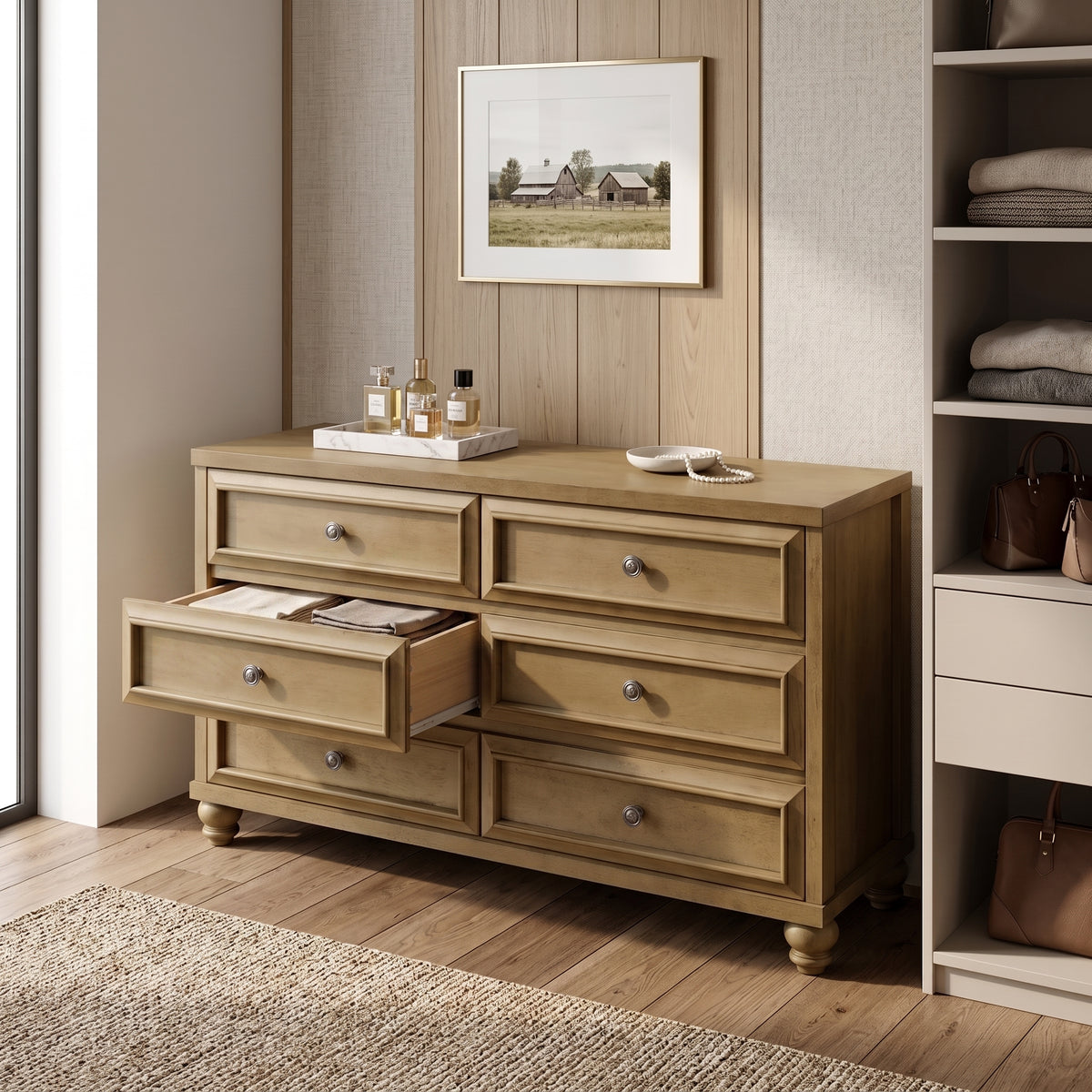 Galano 54.8" W Traditional 6 Drawer Double Dresser with Solid Wood Bun Feet and Interlocking Drawers