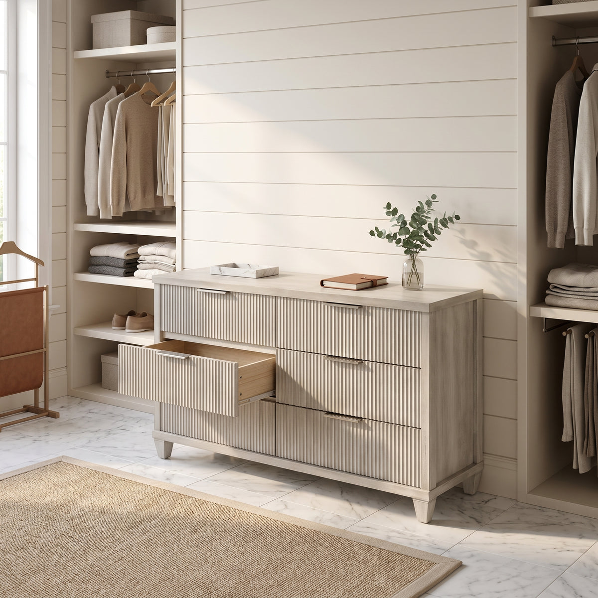 Galano 54.8" Wide Mid-Century Modern 6 Drawer Dresser with Fluted Fronts and Solid Wood Feet