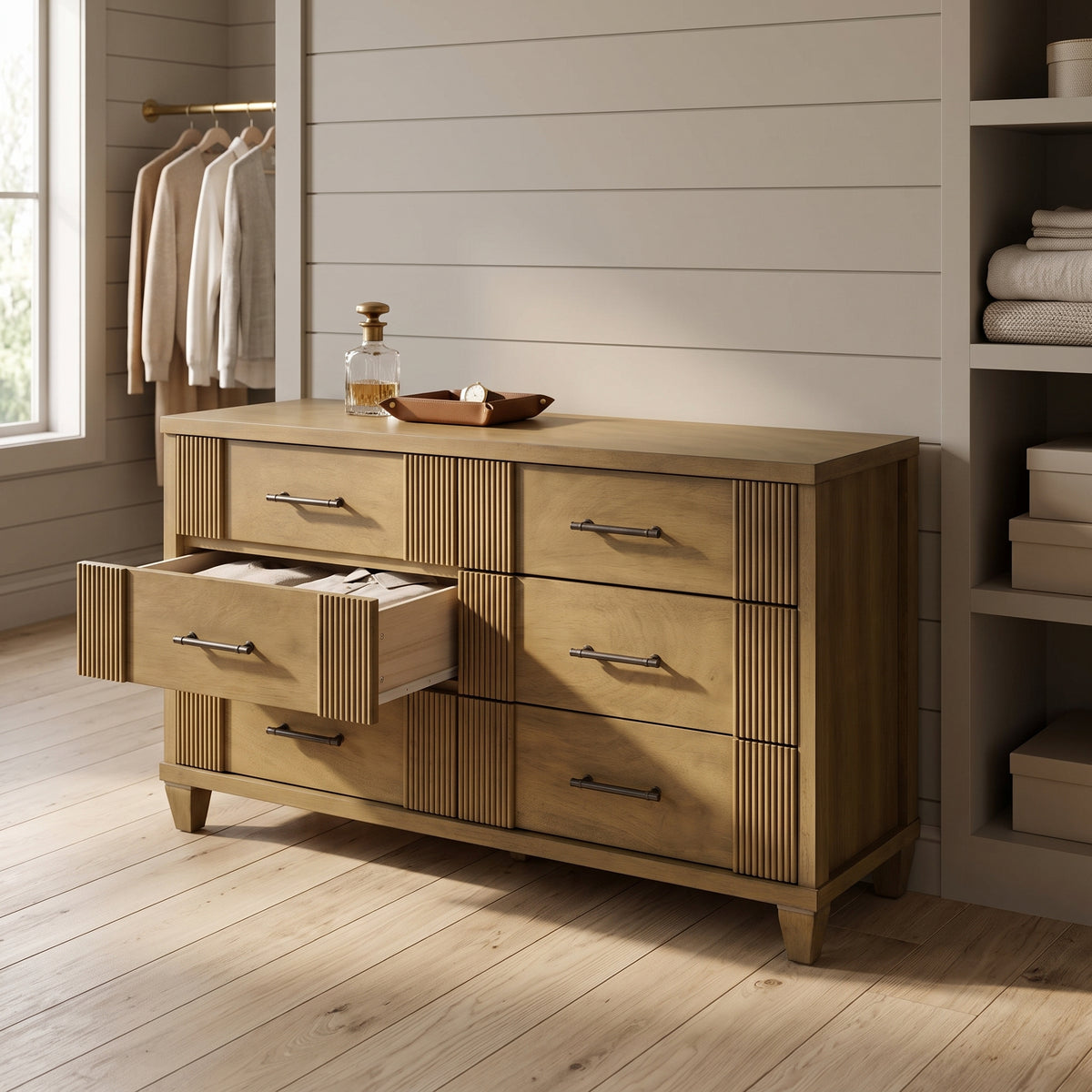 Galano 54.8" W Mid-Century Modern 6 Drawer Dresser with Fluted Fronts and Solid Wood Feet