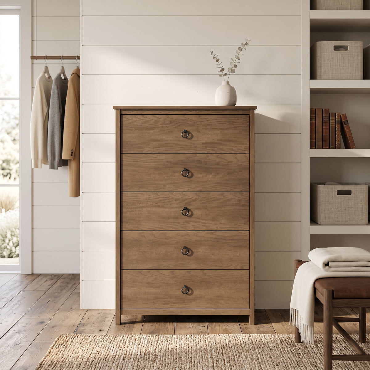 Galano Transitional 31.3" 5-Drawer Chest with Rich Wood Veneer Finish and Metal Ring Pulls