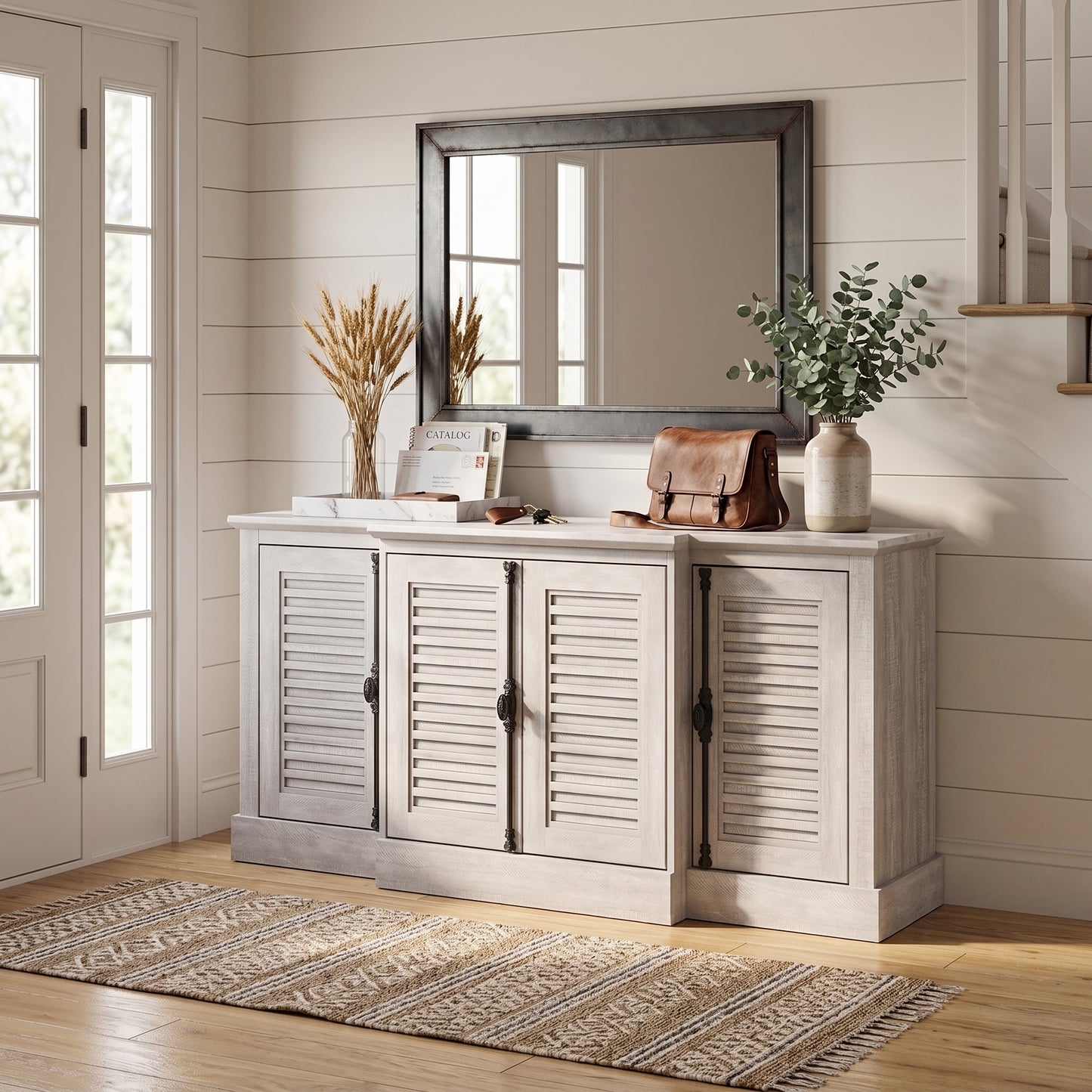 Galano 60" Farmhouse Sideboard Buffet Cabinet with Storage, 4 Louvered Doors & Adjustable Shelves - Gray