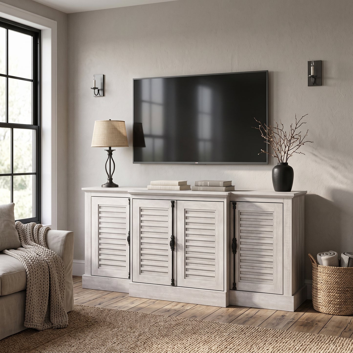Galano 60" Farmhouse Sideboard Buffet Cabinet with Storage, 4 Louvered Doors & Adjustable Shelves - Gray