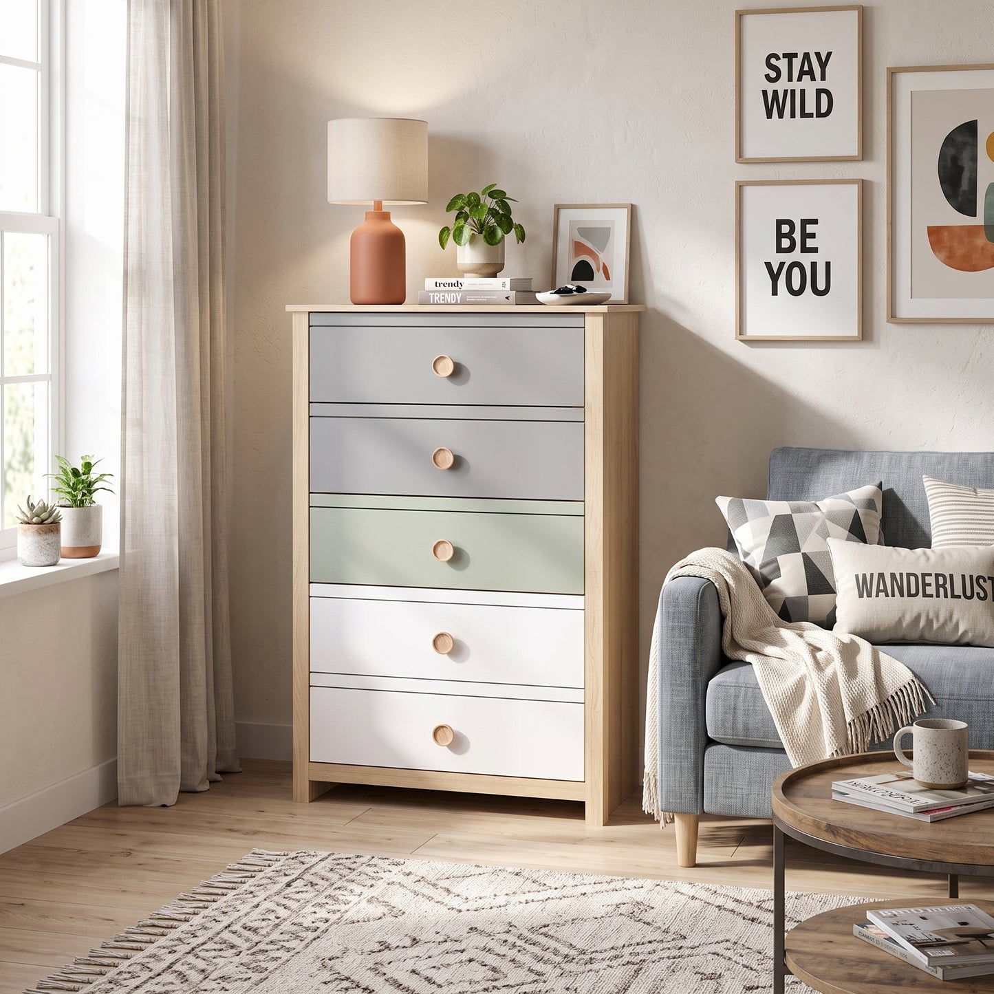 Galano Kids & Teen Chest Dresser Storage with Interlocking Drawer System, Gray, Sage Green & White Multi-Tone Fronts
