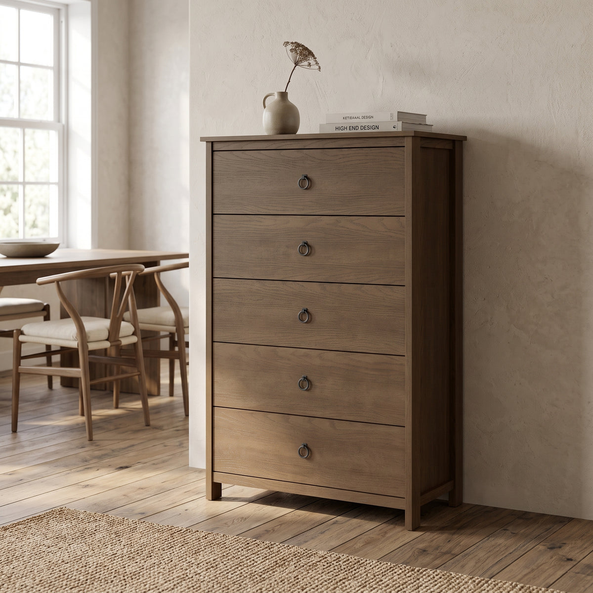 Galano Transitional 31.3" 5-Drawer Chest with Rich Wood Veneer Finish and Metal Ring Pulls