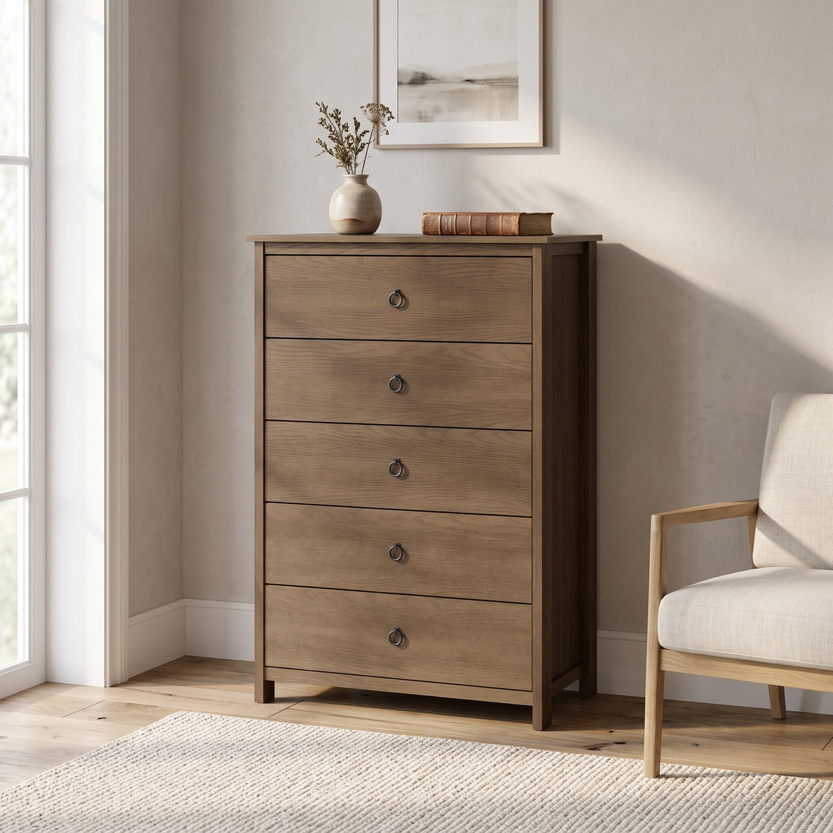 Galano Transitional 31.3" 5-Drawer Chest with Rich Wood Veneer Finish and Metal Ring Pulls