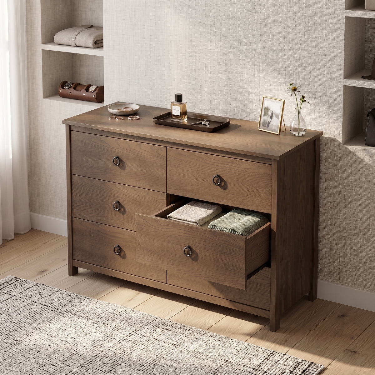 Galano Transitional 47" 6-Drawer Double Dresser with Rich Wood Veneer Finish and Metal Ring Pulls & Interlocking Drawers