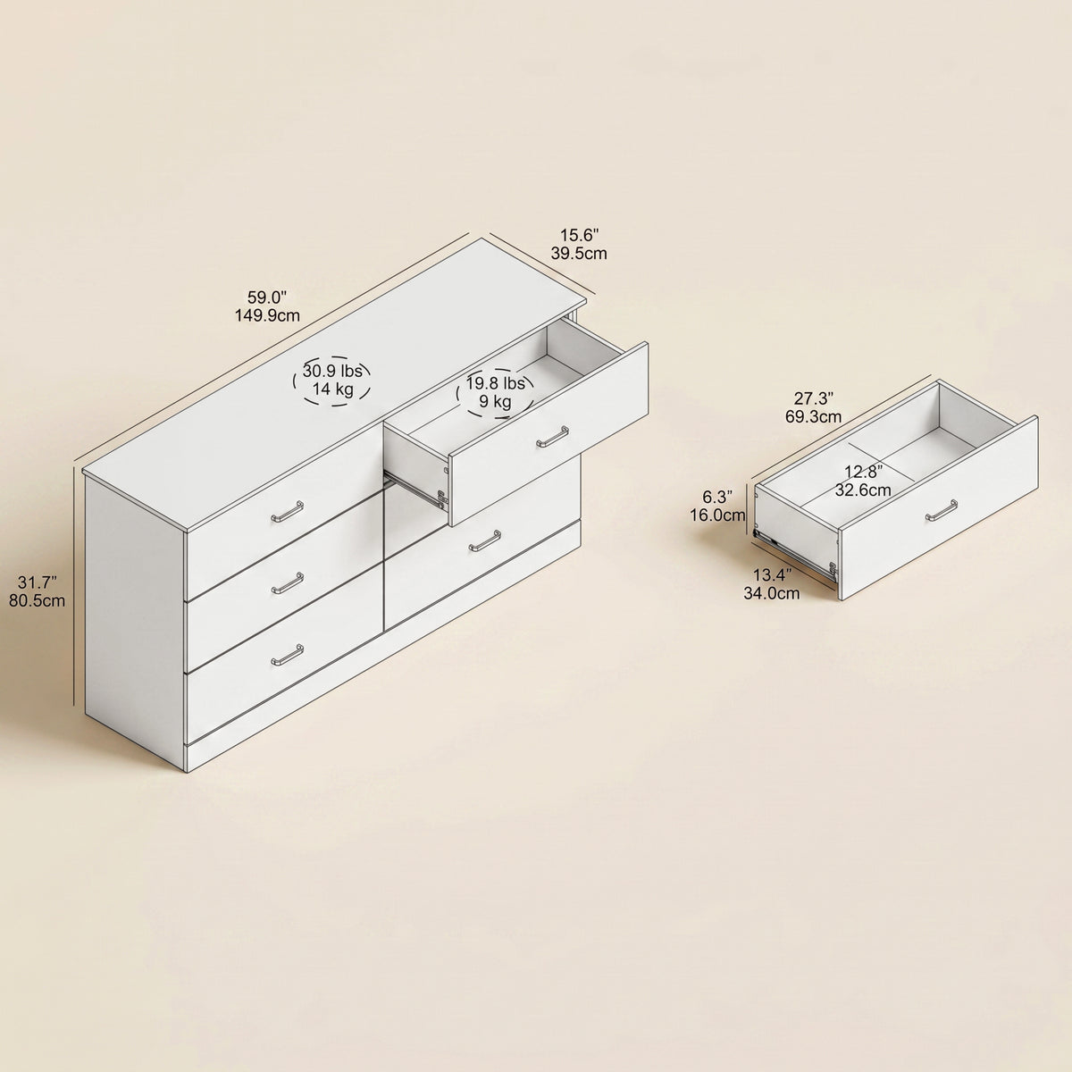GALANO 6-Drawer Double Dresser with Interlocking Drawers, 59-Inch