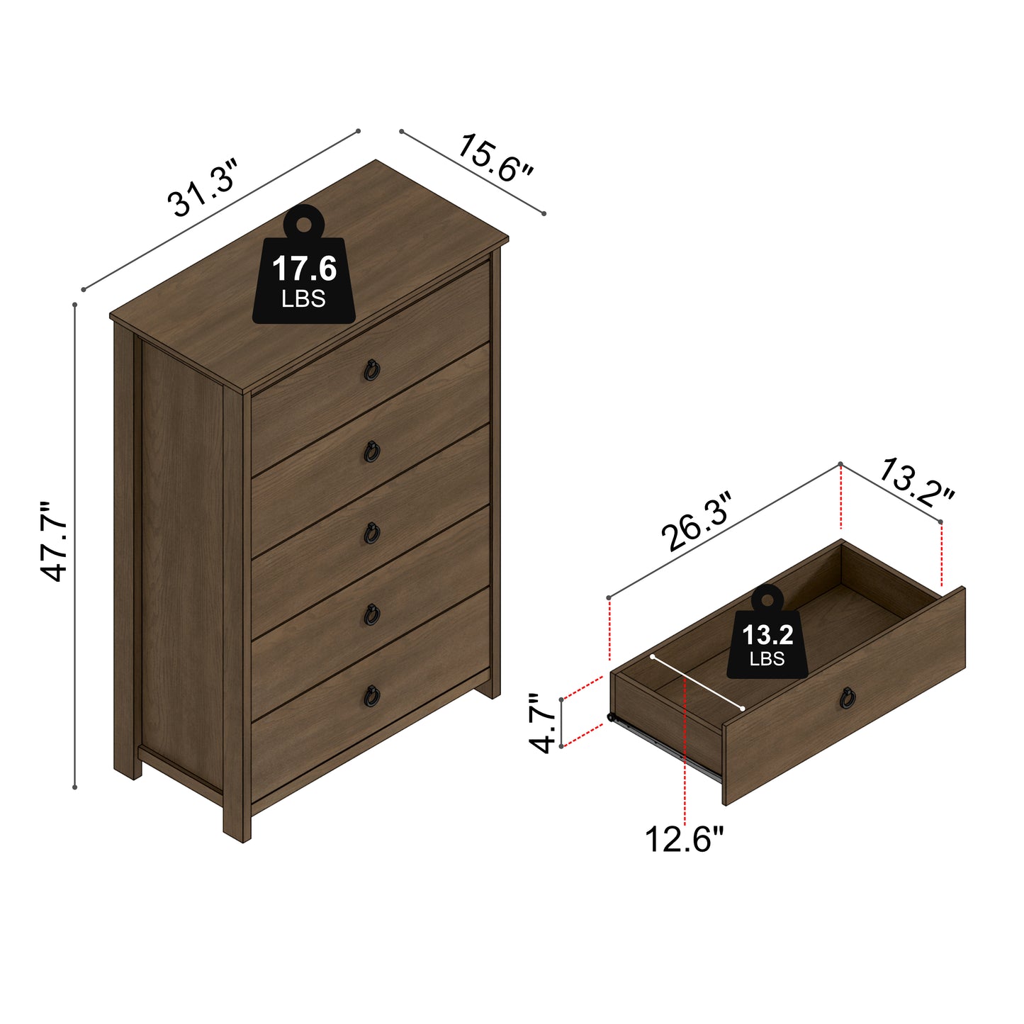 5-Drawer Chest with Interlocking Drawers, 31.3-Inch Wide, Dark Brown Oak, 1-Piece