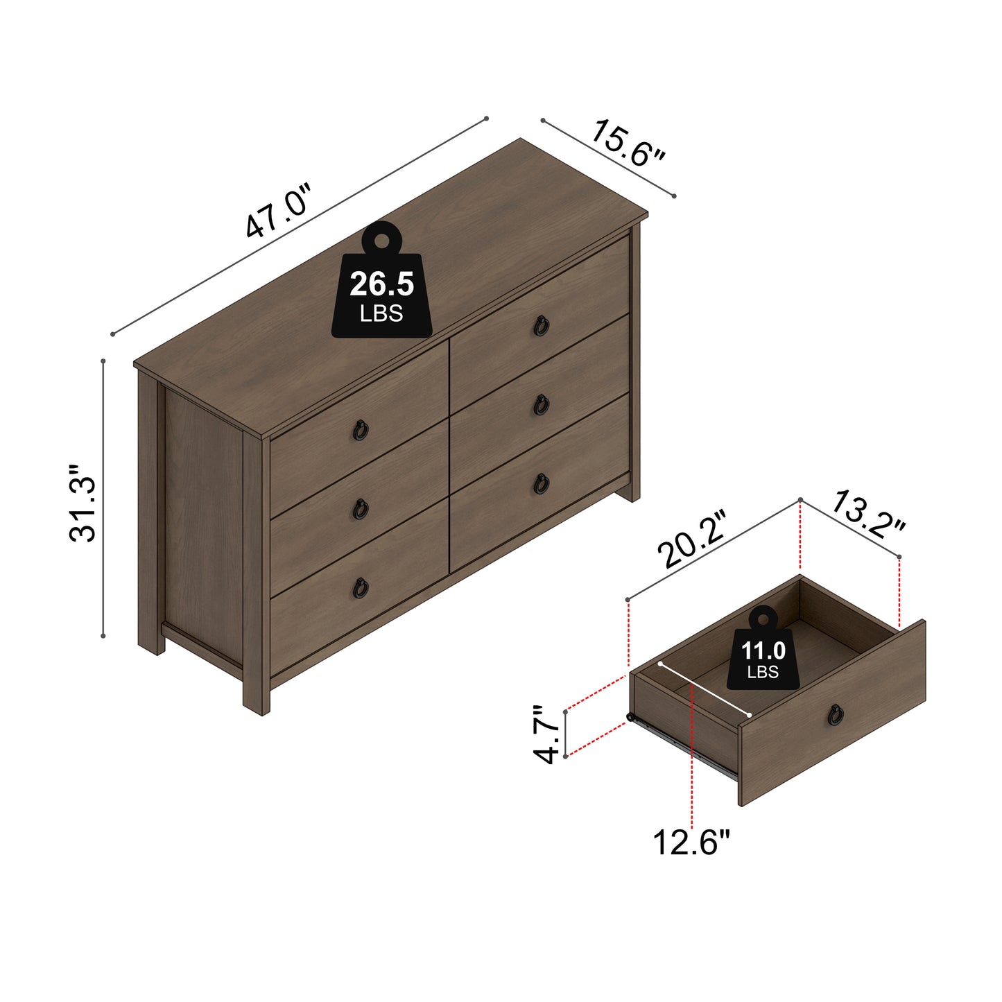 6-Drawer Double Dresser with Interlocking Drawers, Dark Brown Oak, 1-Piece