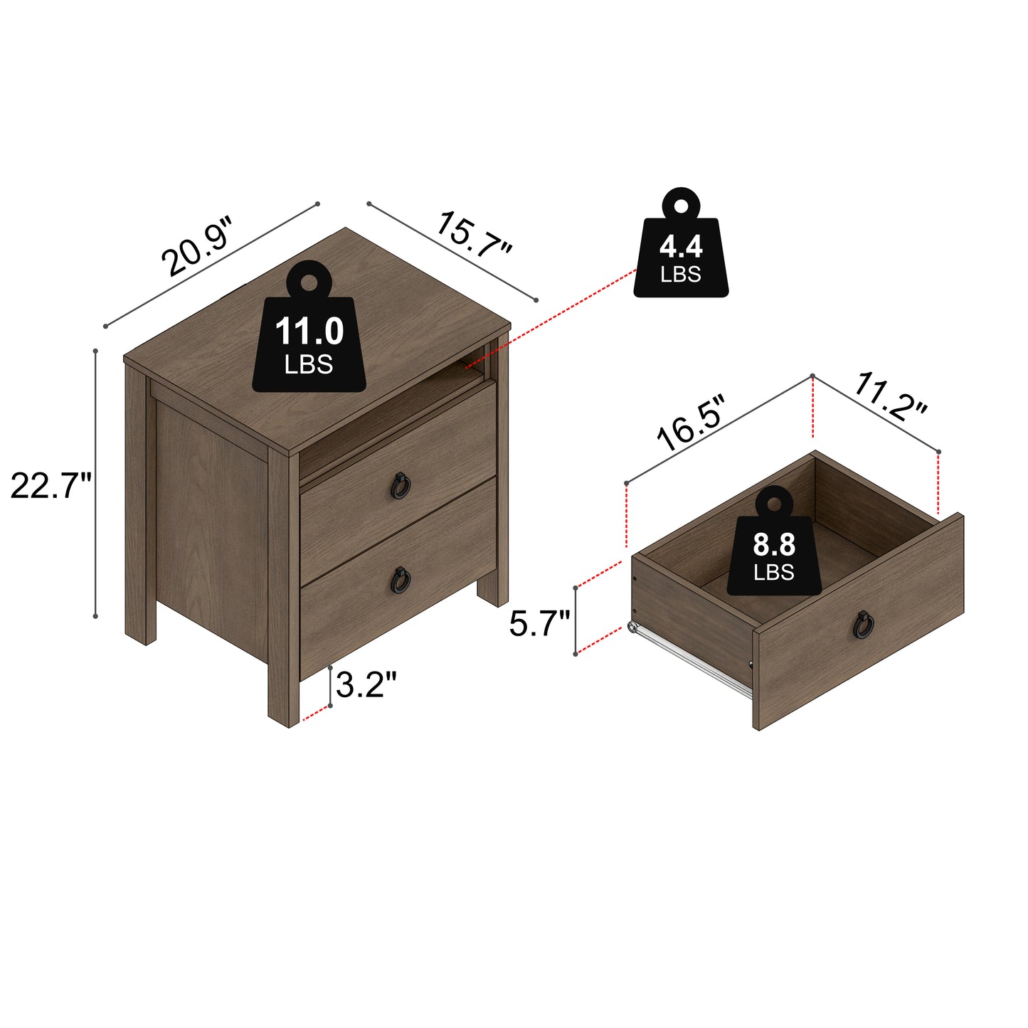 2-Drawer Nightstand with Open Shelf, 20.9-Inch Wide, Brown, 1-Piece