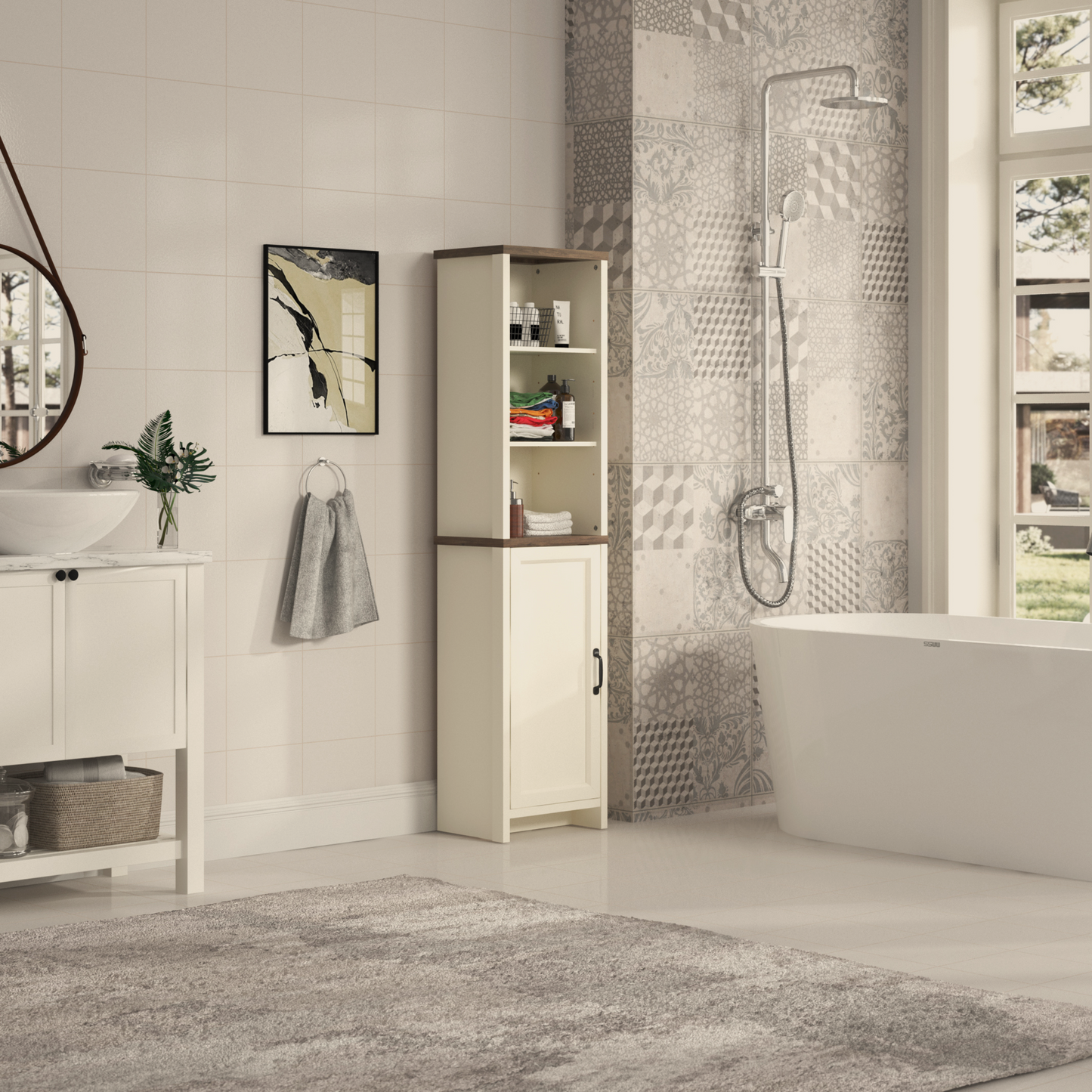 Galano Tall Bathroom Storage Cabinet with Adjustable Shelves & Closed Door, Narrow Linen Tower for Small Spaces, Ivory Knotty Oak