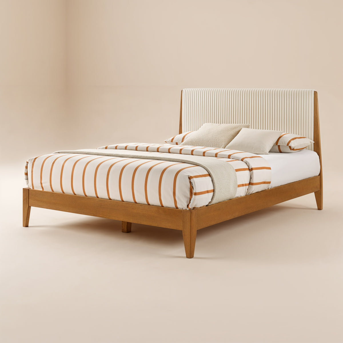 GALANO Queen Platform Bed with Upholstered Headboard, Solid Rubberwood