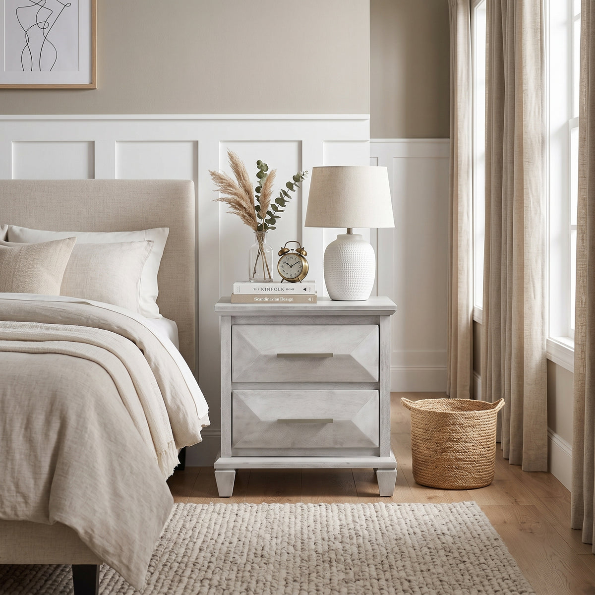 Galano Set of 2 Transitional 2-Drawer Nightstand Bedside Tables with Solid Wood Legs, 23" H