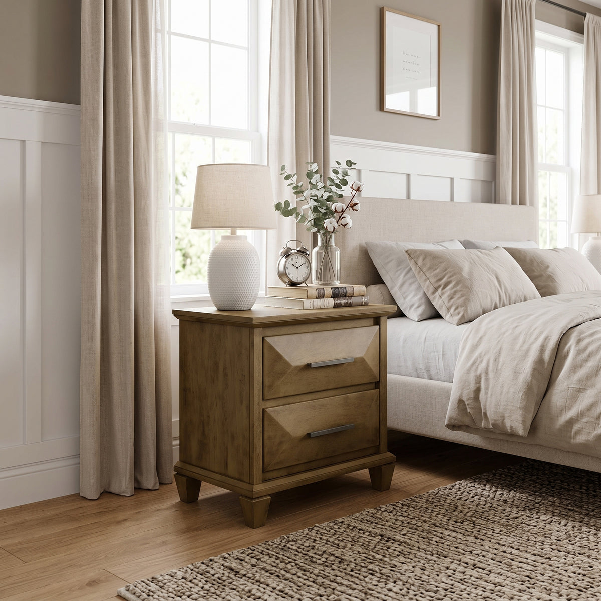 Galano Set of 2 Transitional 2-Drawer Nightstand Bedside Tables with Solid Wood Legs, 23" H