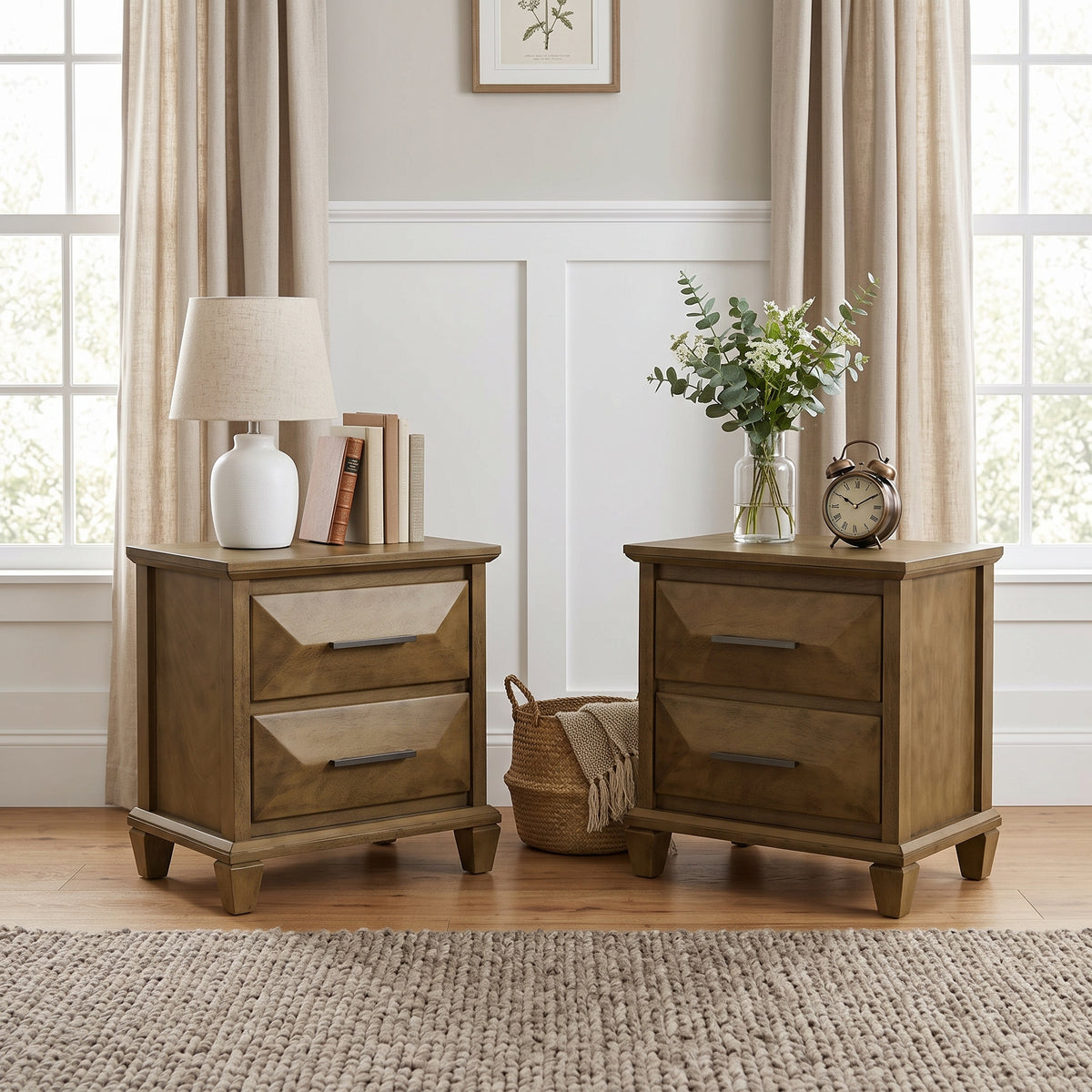 Galano Set of 2 Transitional 2-Drawer Nightstand Bedside Tables with Solid Wood Legs, 23" H