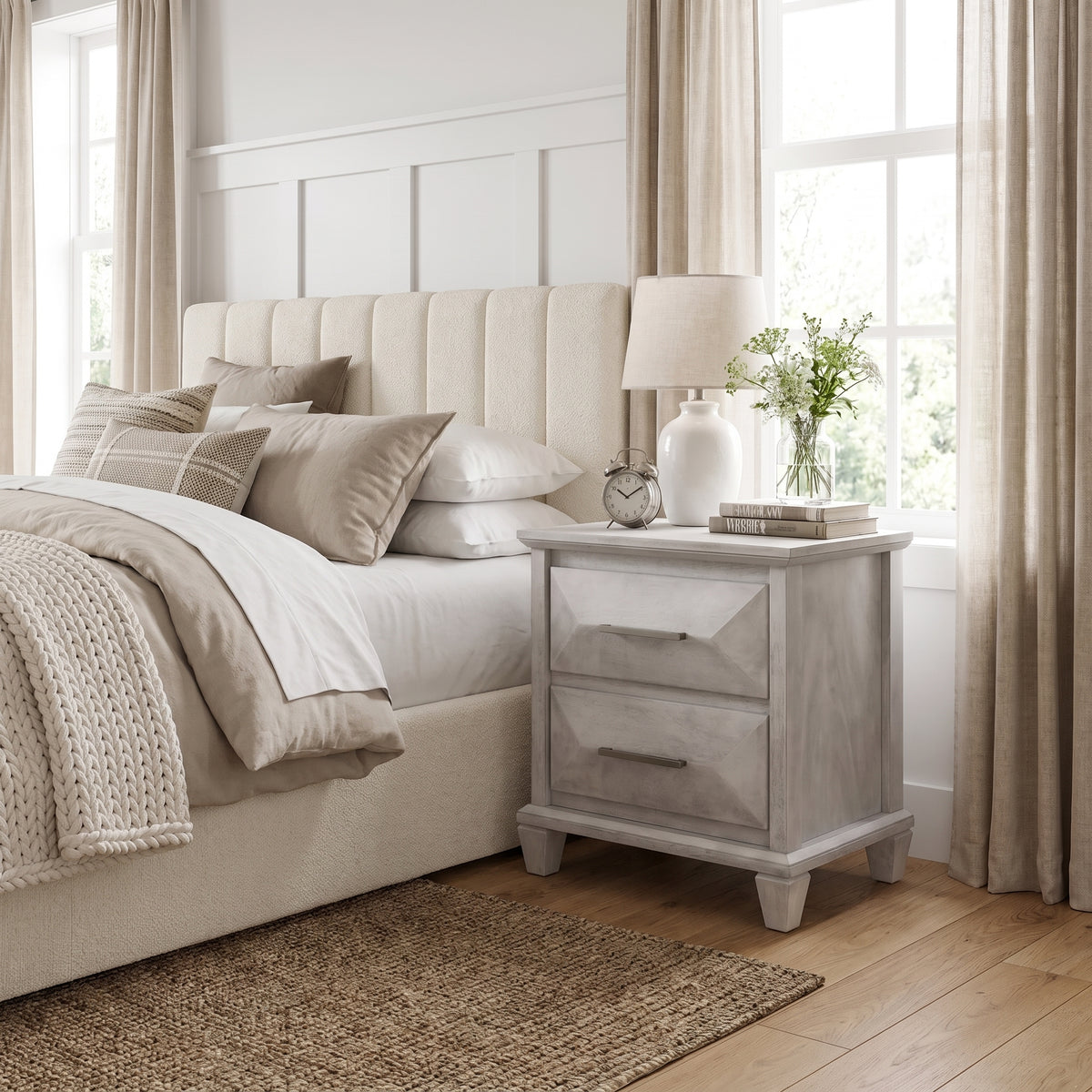 Galano Set of 2 Transitional 2-Drawer Nightstand Bedside Tables with Solid Wood Legs, 23" H