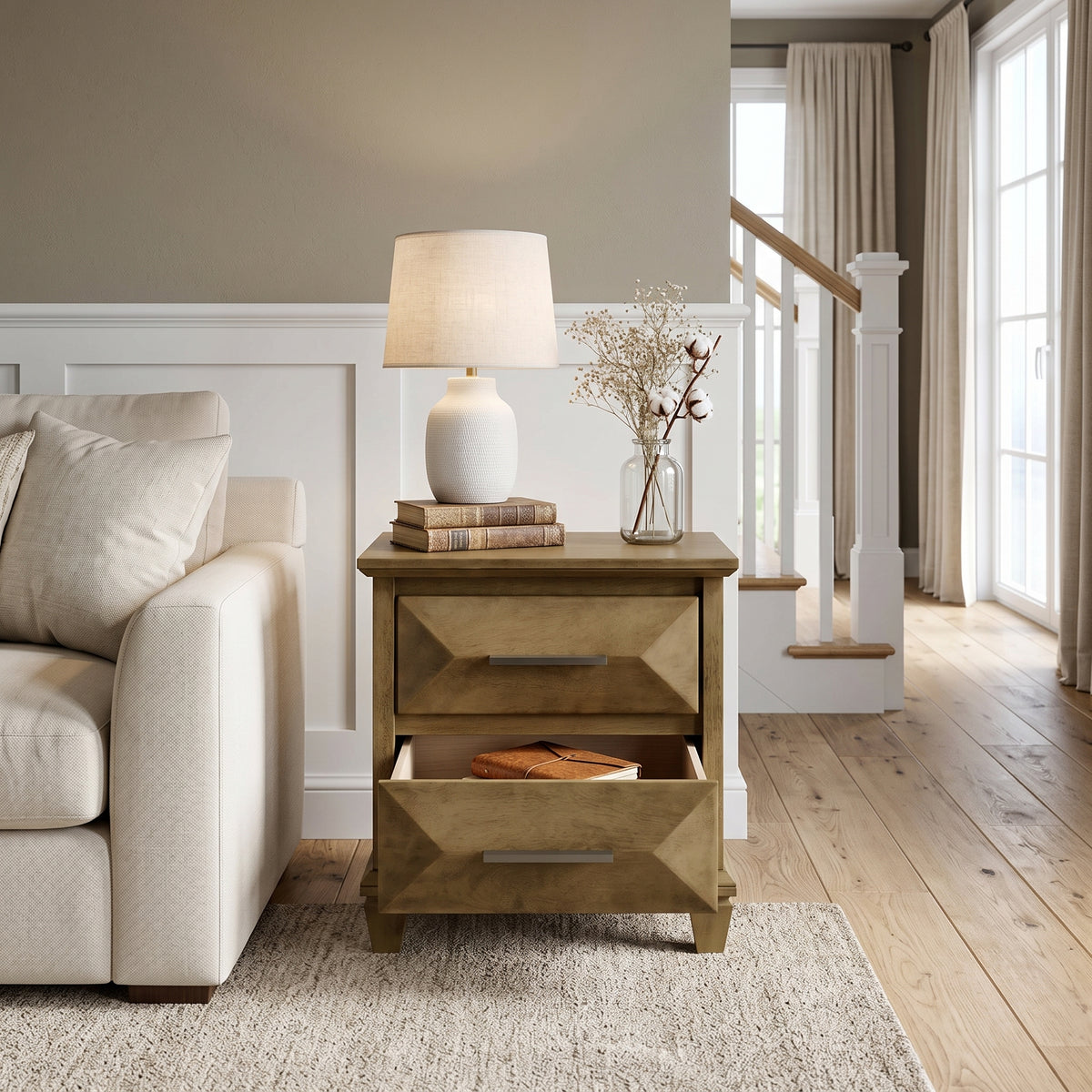 Galano Set of 2 Transitional 2-Drawer Nightstand Bedside Tables with Solid Wood Legs, 23" H