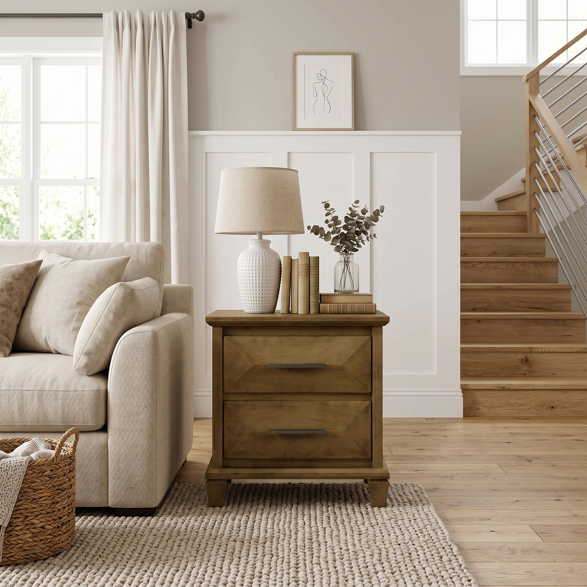 Galano Set of 2 Transitional 2-Drawer Nightstand Bedside Tables with Solid Wood Legs, 23" H