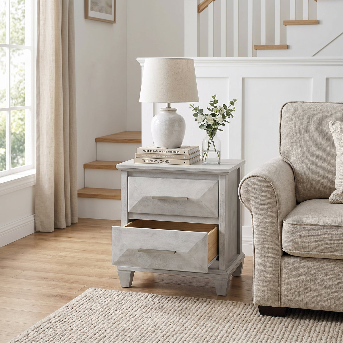 Galano Set of 2 Transitional 2-Drawer Nightstand Bedside Tables with Solid Wood Legs, 23" H